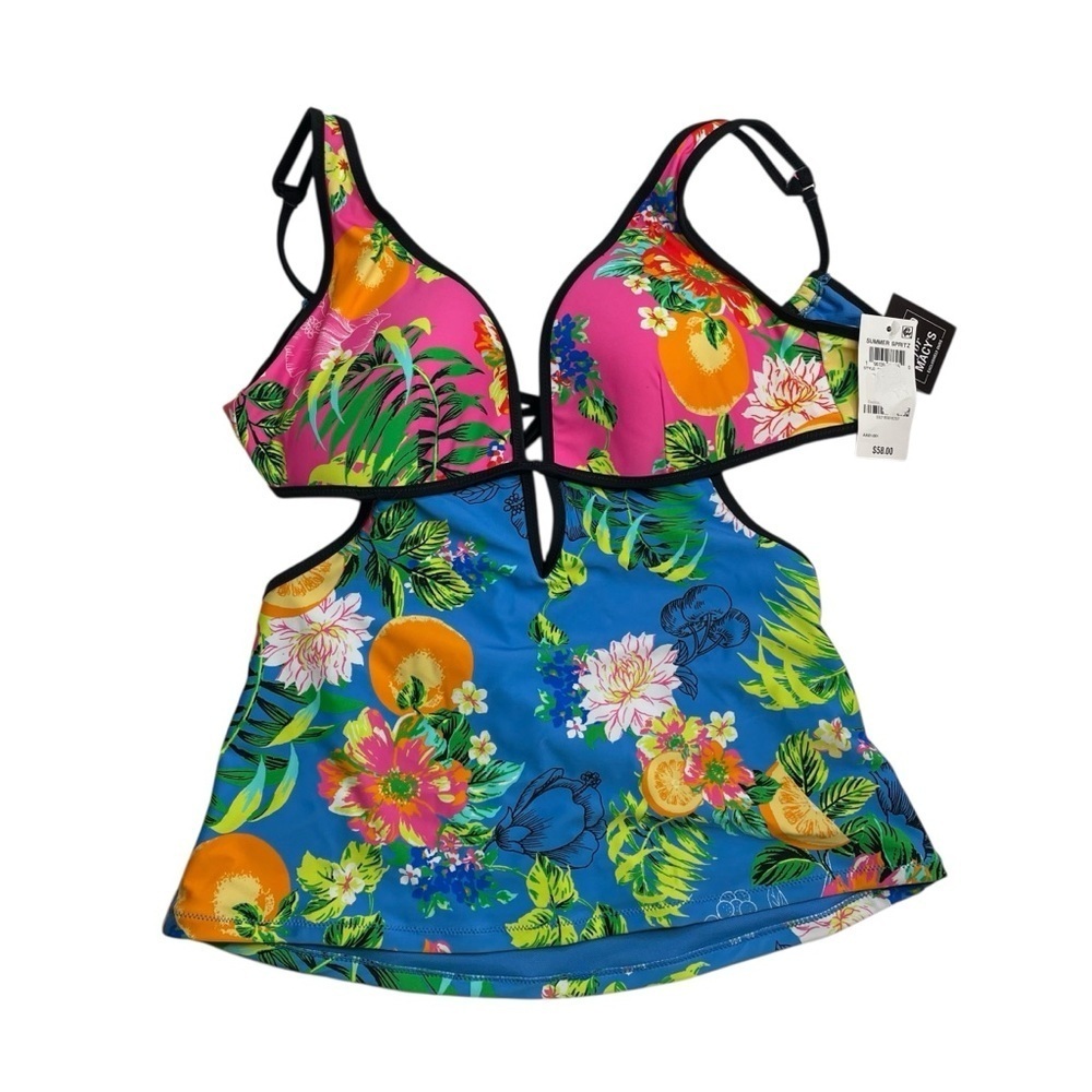 Bar III Plunge Neck Tankini Top Summer Spritz Blue Pink Tropical Swim Small New